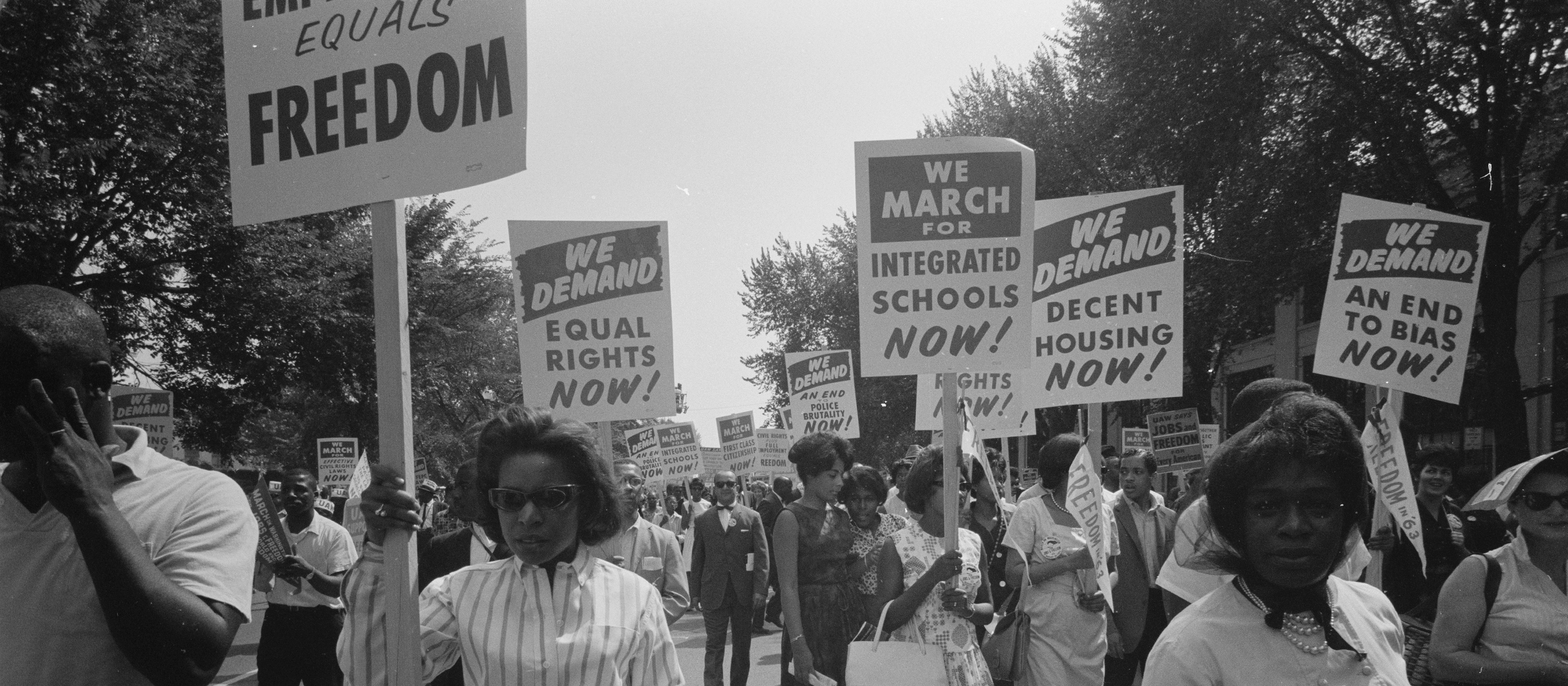 March on Washington for Jobs and Freedom, 1963, in Washington, D.C. Photo by Warren K. Leffler, courtesy of the Library of Congress. A group of African-Americans carry protest signs in support of civil rights. 